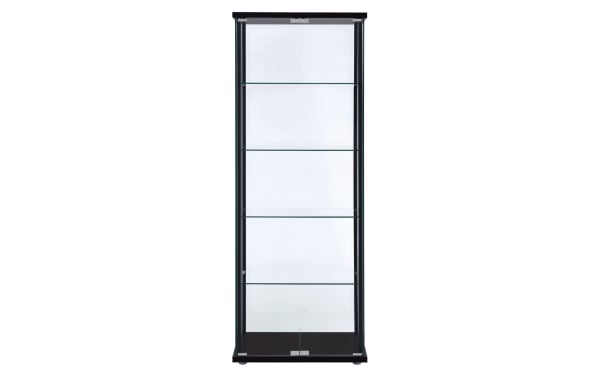 Gloria Black 5 Shelf Curio Cabinet with contemporary slender black particle board frame, pine solids, laminate, and five tempered glass shelves.
