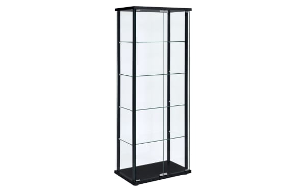 Gloria Black 5 Shelf Curio Cabinet with contemporary black particle board frame, pine solids, laminate base, and five tempered glass shelves with push-to-open glass doors.