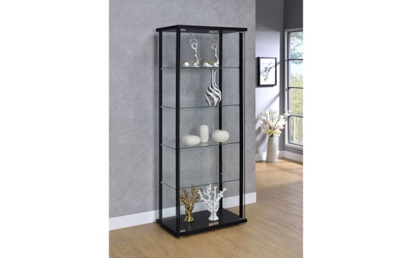 Contemporary Gloria Black 5 Shelf Curio Cabinet with black particle board and pine solids frame, tempered glass doors, and five glass shelves for display.