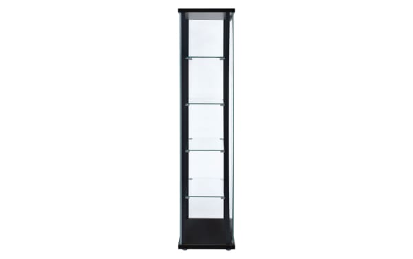 Gloria Black 5 Shelf Curio Cabinet with tempered glass doors, black particle board frame, pine solids, and laminate, contemporary style.