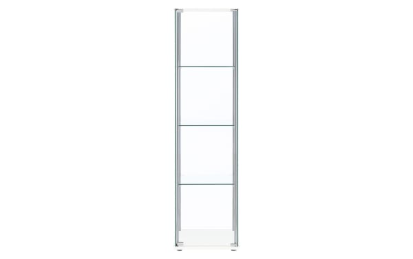 Lysette White 4 Shelf Curio Cabinet in contemporary style with glass shelves, chrome metal supports, and white particle board frame for transitional spaces.