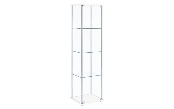 Lysette White 4 Shelf Curio Cabinet with glass shelves, chrome metal supports, and white laminate particle board frame in contemporary style.