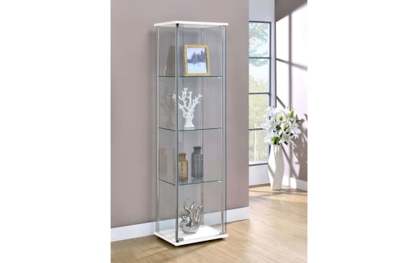 Lysette White 4 Shelf Curio Cabinet with glass shelves, chrome metal supports, and white laminate top and base in contemporary style for display.
