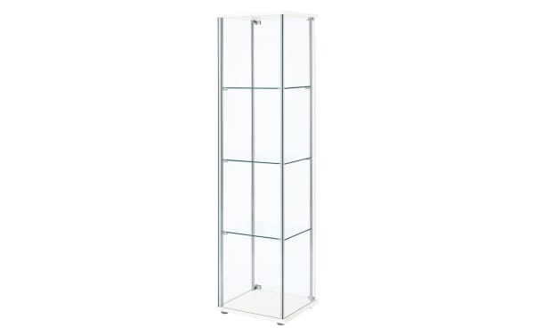 Lysette White 4 Shelf Curio Cabinet with chrome metal supports, glass shelves, and white particle board base and top in contemporary style.