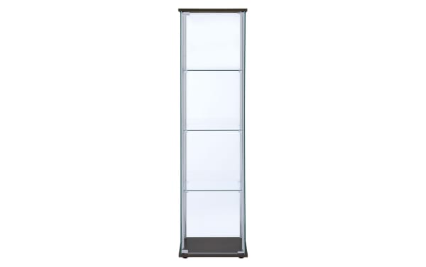 Lysette Brown 4 Shelf Curio Cabinet in contemporary style with brown laminate particle board base, glass shelves, and chrome metal support beams.