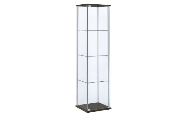 Lysette Brown 4 Shelf Curio Cabinet with glass shelves and panels, chrome metal supports, particle board base, and contemporary brown laminate finish.