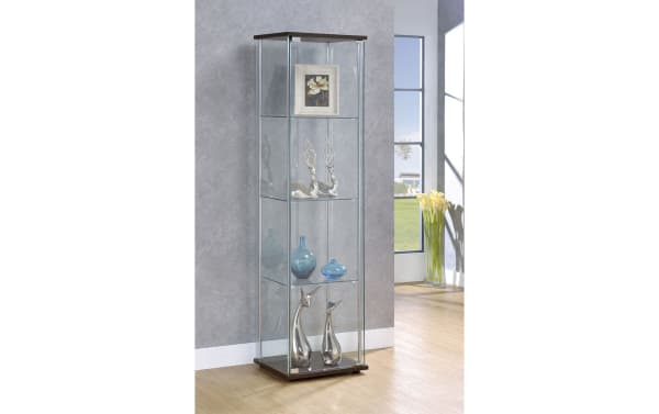 Lysette Brown 4 Shelf Curio Cabinet with glass shelves and panels, chrome metal supports, particle board base and top in contemporary style.