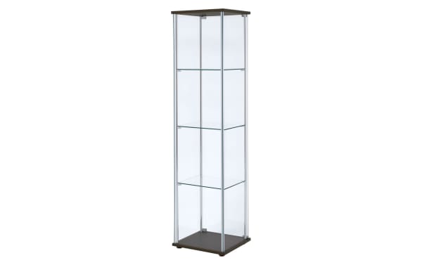 Lysette Brown 4 Shelf Curio Cabinet with glass shelves, chrome metal supports, and brown laminate particle board top and base in contemporary style.