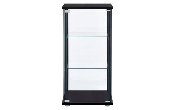Kora Black 3 Shelf Curio Cabinet with tempered glass shelves, push-to-open door, black particle board and pine solids, contemporary style for compact spaces.