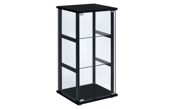 Kora Black 3 Shelf Curio Cabinet with tempered glass shelves, push-to-open door, black particle board and pine solids, contemporary style for compact spaces