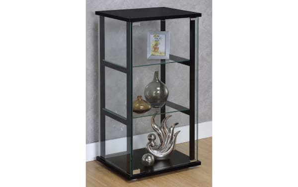 Kora Black 3 Shelf Curio Cabinet with tempered glass shelves, black particle board and pine solids frame, contemporary style, compact display case with push-to-open door