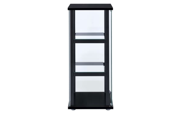 Kora Black 3 Shelf Curio Cabinet with tempered glass shelving, push-to-open door, and contemporary black laminate particle board frame.