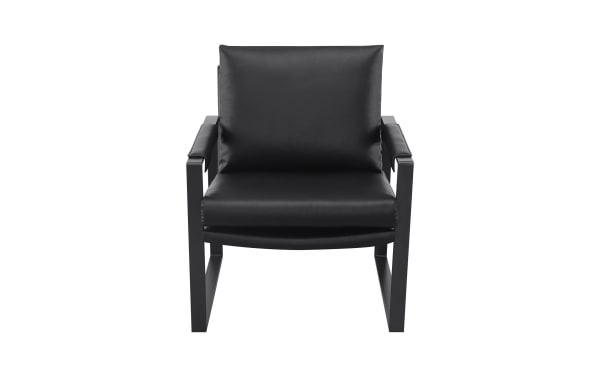 Breya Black Accent Chair with black faux leather upholstery, padded seat and armrests, contemporary gunmetal metal frame, and open-squared design.
