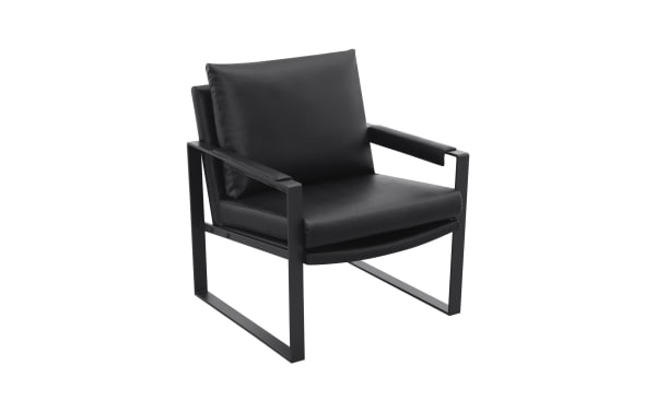 Breya Black Accent Chair with black faux leather upholstery, padded armrests, and removable seat back on a gunmetal metal frame in contemporary style.
