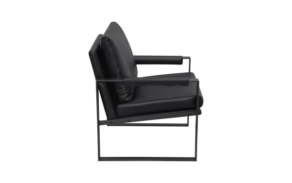 Breya Black Accent Chair with black faux leather upholstery, padded armrests, and gunmetal metal frame in a contemporary open-squared design.