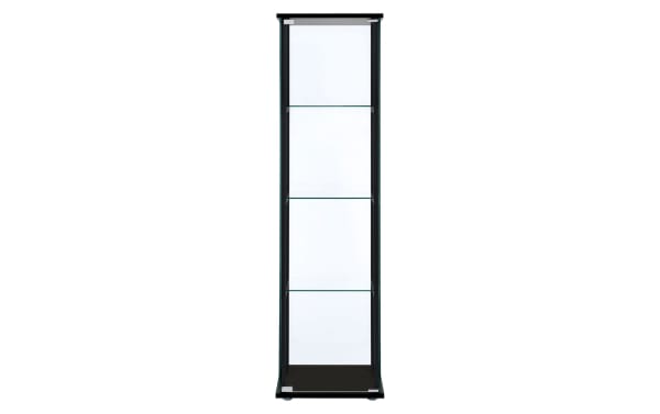 Kora Black 4 Shelf Curio Cabinet with tempered glass shelves, push-to-open door, black particle board and pine solids frame, contemporary style.