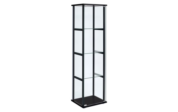 Kora Black 4 Shelf Curio Cabinet with tempered glass shelves, black particle board and pine solids frame, push-to-open door, contemporary style for compact spaces.