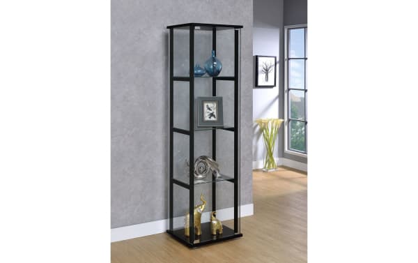 Kora Black 4 Shelf Curio Cabinet with tempered glass shelves, black particle board frame, push-to-open door, and contemporary style for compact spaces.