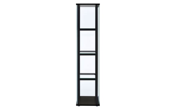 Kora Black 4 Shelf Curio Cabinet with tempered glass shelves, push-to-open door, particle board and pine solids, contemporary style, slim black frame.