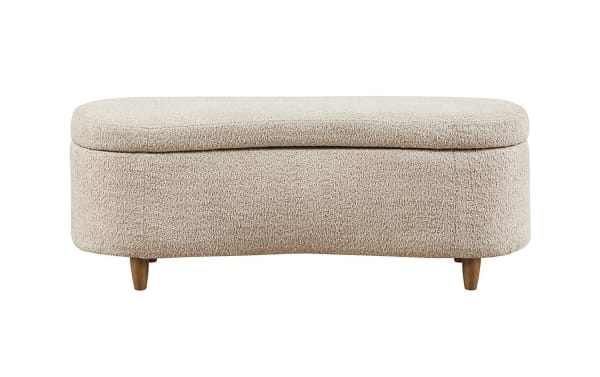 Mid-century modern Kailei Taupe Boucle Storage Bench with tan polyester fabric upholstery, solid wood legs, and soft-close lift-top storage.