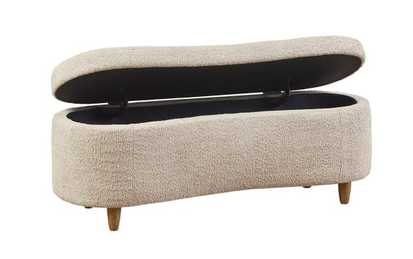 Kailei Taupe Boucle Storage Bench with lift-top storage, soft-close hinges, mid-century modern style, solid wood legs, and tan polyester fabric upholstery.