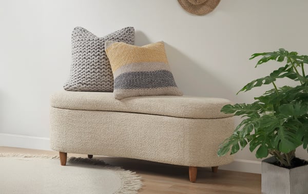 Kailei Taupe Boucle Storage Bench in mid-century modern style with taupe polyester fabric, solid wood legs, and soft-close lift-top storage.