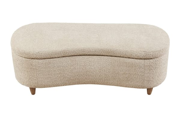 Kailei Taupe Boucle Storage Bench in mid-century modern style with tan polyester fabric upholstery, solid wood legs, and soft-close lift-top storage.