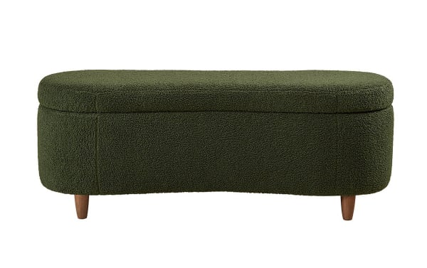 Mid-century modern Kailei Green Boucle Storage Bench with green polyester fabric upholstery, solid wood legs, and soft-close lift-top storage.