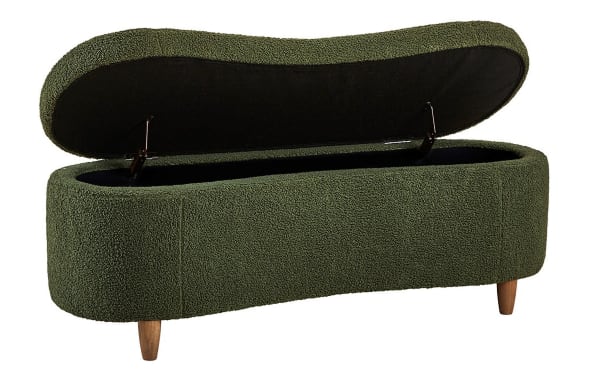 Kailei Green Boucle Storage Bench with soft-close lift-top, mid-century modern style, green polyester fabric, solid wood legs, and foam padding.