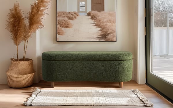 Mid-century modern Kailei Green Boucle Storage Bench with solid wood legs, green polyester fabric upholstery, and soft-close lift-top storage.