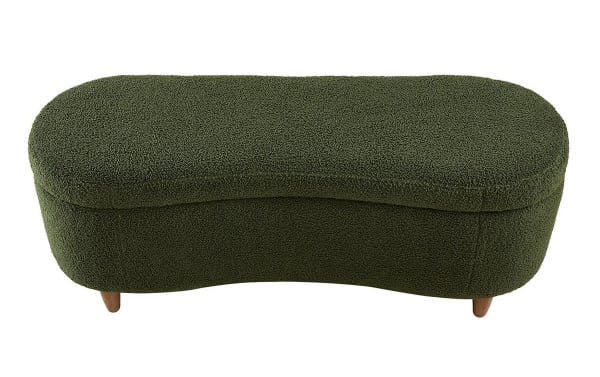 Kailei Green Boucle Storage Bench in mid-century modern style with green polyester fabric upholstery, solid wood legs, and soft-close lift-top storage.