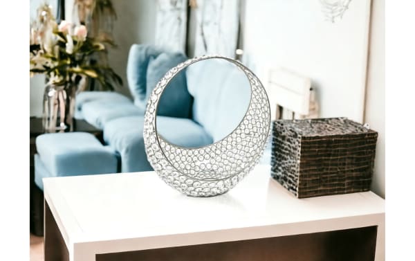 13'' Elegance Silver Glam Basket with round ring shape, handcrafted iron frame, sparkling faux crystals, and base mirror for modern home decor.