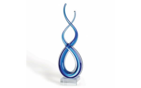 11'' Calypso Blue Murano Glass Sculpture in contemporary style with intertwined blue glass loops on a clear square base, decorative art piece.