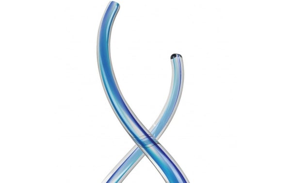 Contemporary 11'' Calypso Blue Murano glass sculpture with intertwined curved design, high-quality durable decorative art piece.