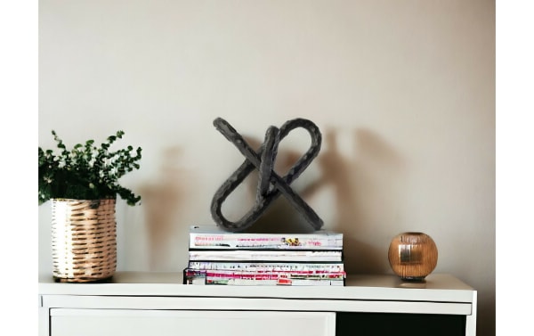 10" Abe black metal chain link sculpture with hammered texture, industrial style tabletop decor for modern vintage home accents.