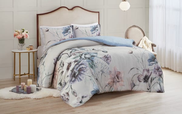 Emily King California King Light Blue Floral 3 Piece Duvet Cover Set in cotton blend fabric, featuring a traditional multicolored floral design with white and light blue tones.