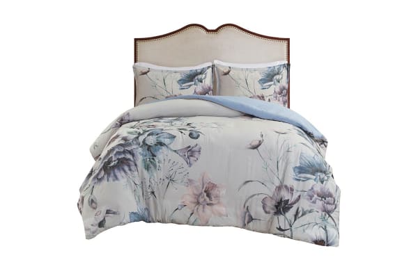 Emily King California King Light Blue Floral 3 Piece Duvet Cover Set with traditional multicolored cotton and polyester fabric, featuring a romantic garden-inspired floral design on white and light blue background.