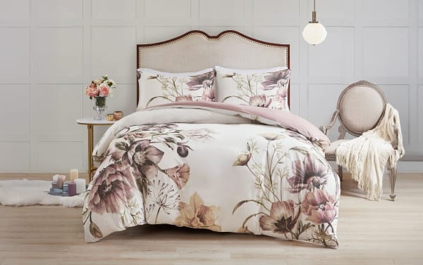 Emily Full/Queen Pink Floral 3 Piece Duvet Cover Set in cotton-polyester fabric, featuring a traditional white and pink floral design from the Emily collection.