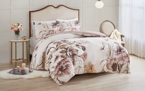 Emily Full/Queen Pink Floral 3 Piece Duvet Cover Set in white and pink cotton blend fabric, featuring large traditional floral prints from the Emily collection.