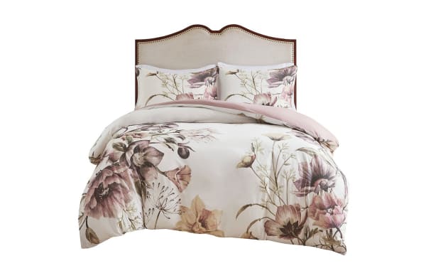 Emily Full/Queen Pink Floral 3 Piece Duvet Cover Set in white and pink cotton blend fabric, featuring traditional style with large romantic floral prints.