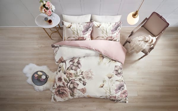 Emily Full/Queen Pink Floral 3 Piece Duvet Cover Set in cotton/polyester fabric, featuring traditional pink and white floral garden design.