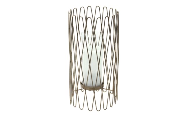 14" Marzano Gold Glass Candle Holder with iron gold metal wireframe and clear glass hurricane, contemporary tabletop décor for romantic settings