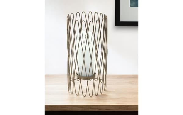 14'' Marzano Gold Glass Candle Holder with iron gold metal wireframe and clear glass hurricane, contemporary tabletop decor for romantic settings