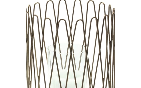 14'' Marzano Gold Glass Candle Holder with contemporary iron gold-tone wireframe and clear glass hurricane, ideal for tabletop decor.