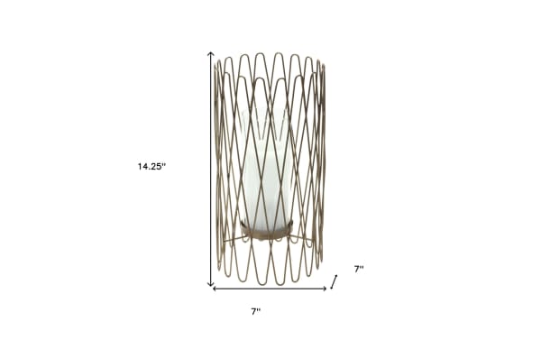 14'' Marzano Gold Glass Candle Holder with iron gold-tone crisscross wire frame and clear glass hurricane, contemporary tabletop decor for romantic settings.