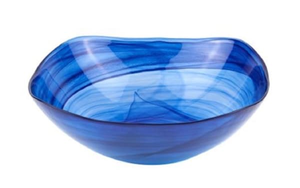 Contemporary 10'' Salisbury blue glass bowl with swirling patterns, handcrafted in Europe, food-safe for serving or decor.