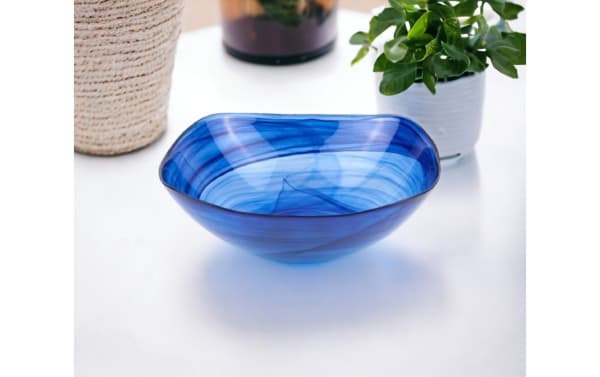 10'' Salisbury Blue Glass Bowl with blue swirl pattern, handcrafted European glass, contemporary style, food-safe for salads, chips, or decor.