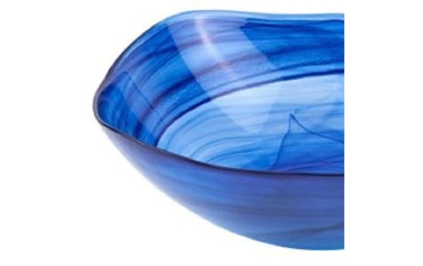 Contemporary 10'' Salisbury Blue Glass Bowl with blue swirl pattern, handcrafted European glass, food-safe for salads, chips, or decor.