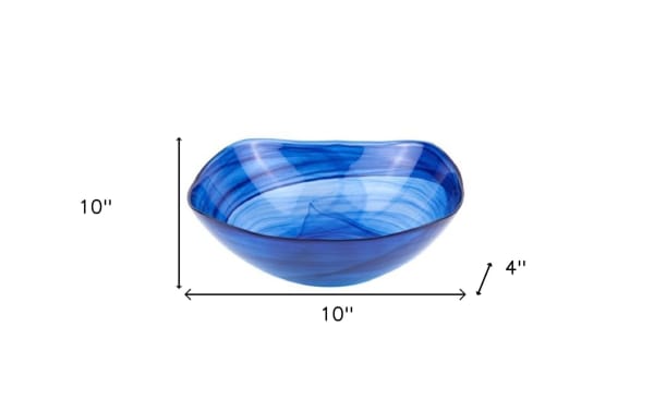 10'' Salisbury Blue Glass Bowl with contemporary style, handcrafted European glass featuring blue swirls, round shape, 4'' depth, food-safe for salads or decor.