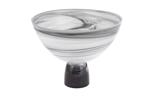 10'' Arezzo mouth-blown gray glass bowl with swirling black pattern, footed base, and contemporary alabaster glass design.